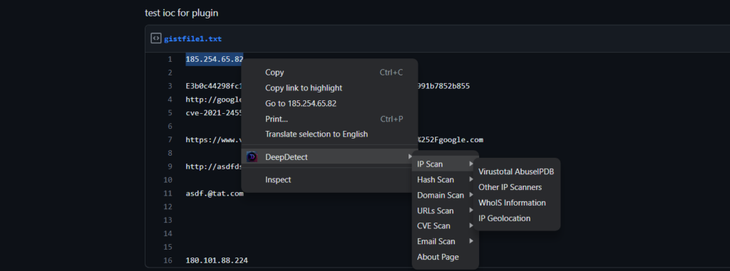 Screenshot of the 'Deep Detect' Chrome app dropdown menu with various cybersecurity scan options such as IP Scan, Hash Scan, Domain Scan, URLs Scan, CVE Scan, Email Scan, and About Page, with sub-options under IP Scan.